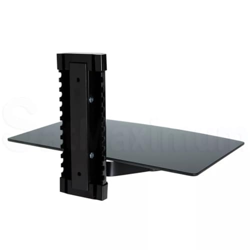 SATMAXIMUM Adjustable AV Shelf Wall Mount – Black Tempered Glass Floating Shelf for Cable Box, DVD Player, Gaming Consoles, Routers – Holds up to 22 lbs – Height Adjustable with Cable Management