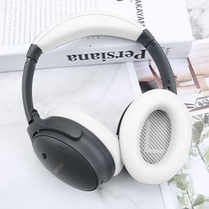 Ear Cushion and Headband for Bose QC45 QC35, Replacement Headstrap Pad Repair Part with Protein Leather& Memory Foam (White) - color: White