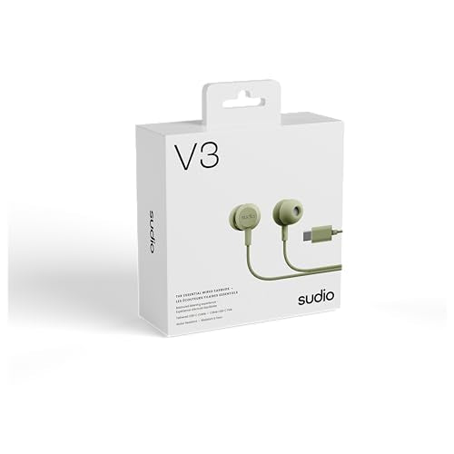 Sudio V3 Essential Wired Earbuds | in Ear Headphones with Cable and USB-C Connector | Tangle-Resistant Braided Cable | Built-in Microphone | IPX4 Water Resistant | No Charging Needed | (Green) - color: Green