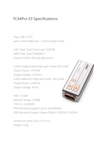 ddHiFi TC44Pro E3 Decoding Amplifier Hi-Res DAC/AMP Adapter with Dual CS43198 DAC, 3.5mm & 4.4mm Balanced Output, Detachable Cable for Phone/PC
