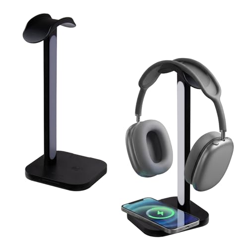 3-in-1 Headphone Stand with Wireless Charging Station and Desk Lamp, Headset Holder with Phone Charger, LED Desk Light for Gaming Setup, Office and Bedroom - color: Black