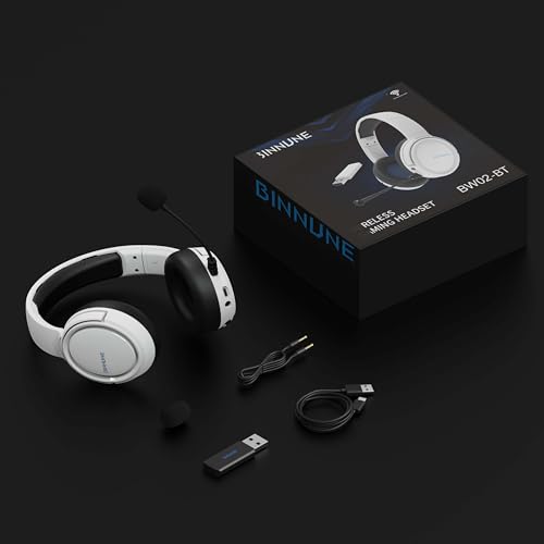 BINNUNE Wireless Gaming Headset — 2.4GHz Low-Latency USB Dongle + Bluetooth, 50mm Drivers 7.1 Surround, Noise-Cancelling Mic, 40H Battery — Over Ear Wireless Headphones for PS5, PC, Laptop, White - color: White
