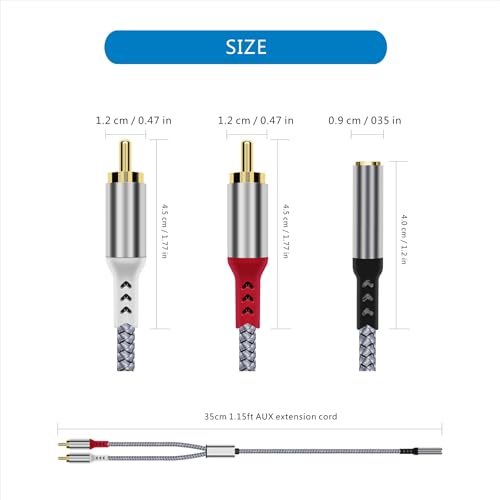 3.5mm Female to 2 RCA Male Stereo Cable, RCA to 3.5mm Female Audio Adapter Gold Plated Y Splitter Flexible Metal Shell Aux Cord for Smartphones,TV,Tablets,Speakers,MP3,DVD,Home Theater 1.15FT