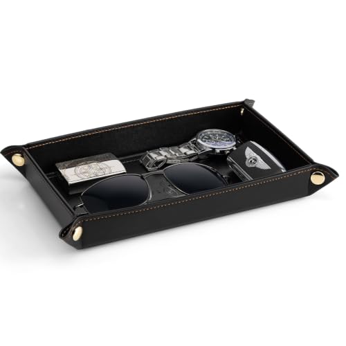 VLANDO Valet Tray for Men, Foldable PU Leather Catchall Tray, Black - color: Black, size: Rectangle