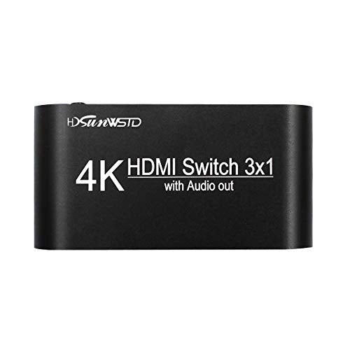 3x1 HDMI Audio Switch,3 in 1 Out Matrix HDMI Video Switcher Splitter +Optical & 3.5mm Audio Output,Support Ultra HD 4K x 2K,3D 1080P,Audio Extractor with Power Adapter