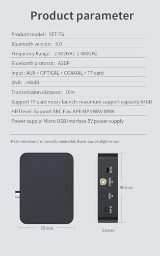 Optical Bluetooth 5.0 Transmitter Receiver for TV to Headphones with Volume Control, Low Latency Wireless Audio Adapter Support AUX/Coaxial/Optical Audio Inputs for TV/PC/Airplane, No Battery