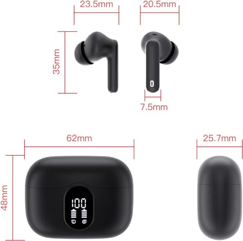 Wireless Earbuds, Bluetooth 5.4 Headphones Bass Stereo, Ear Buds with Noise Cancelling Mic LED Display, IP7 Waterproof in Ear Earphones, 36H Playtime for Laptop Pad Phones Sports Workout, Black | Ear Buds with Noise Cancelling Mic LED Display, 36H, IP7 Wa