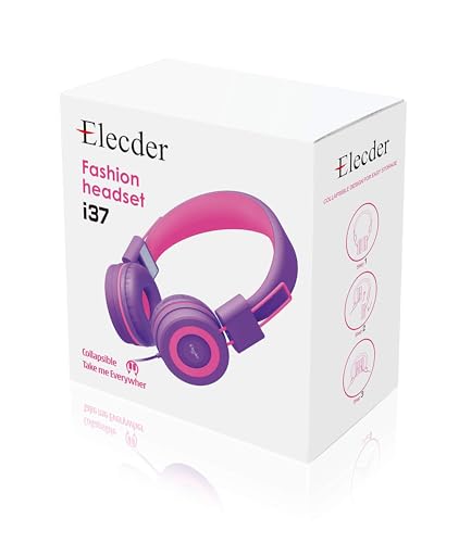 ELECDER i37 Kids Headphones for School Children Girls Boys Teens, Purple | Foldable Adjustable Lightweight, 3.5mm Audio Jack On Ear Headphones for Smartphones Chromebook Computer PC Tablets Travel - color: Purple/Red