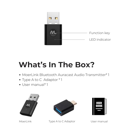 MoerLink Bluetooth 5.3 Auracast Audio Transmitter – USB Plug-and-Play Adapter for TV, PC, Speakers, and Auracast-Compatible Hearing Aids – Low Latency, Multi-Device Broadcast, LE Audio Support