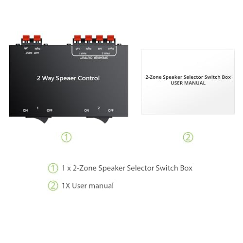 LiNKFOR 2-Zone Speaker Selector Switch Box - 1 Input 2 Output Audio Splitter for Stereo Amplifier Receiver - 150W/Channel, Independent 1/2 Buttons, Passive Multi-Room Home Audio Distribution