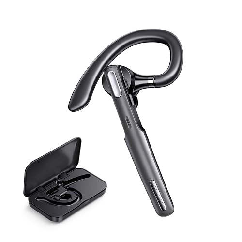 Single Ear Bluetooth Headset with Microphone: Wireless Earpiece and Charging Case – Mute Function for Phones, PC, Truckers, Remote Work, Skype, Zoom, Teams, Call Centers