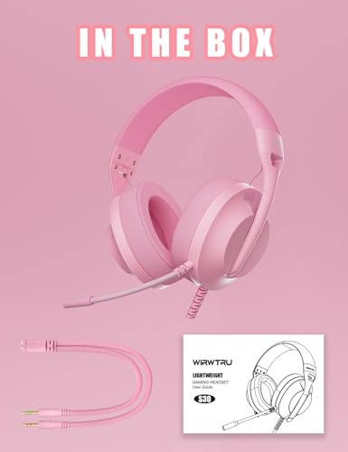 WIRWTRU Wired Pink Gaming Headset for PS5, Xbox, Xbox Series X|S, PC, PS4 | 198g Lightweight Design, Noise Cancelling Microphone, Soft Earmuffs, 3.5mm Jack for Gaming & Work - color: Pink