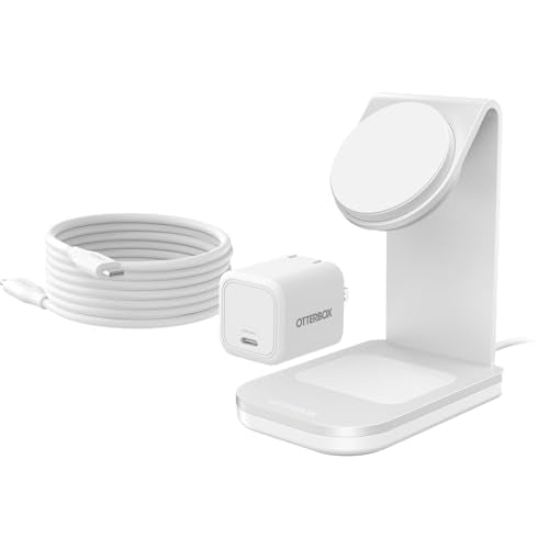OtterBox 2-in-1 Space Saving Wireless Charging Stand - White | MagSafe & Qi2 Compatible Charging Stand for Apple, Samsung, Google & More, Space Saving Design - color: White, style: 2-in-1