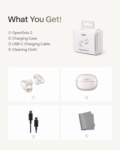SHOKZ OpenDots 2 Open-Ear Clip-On Earbuds, White, Dolby Audio, 3 Mics | Deep Bass, 40H Playback, Bluetooth 6.1, IP57 Waterproof, AI Noise Reduction, Wireless Fast Charging - color: Pearl white