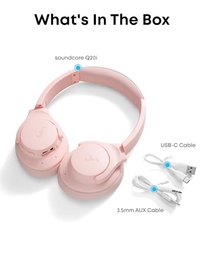 Soundcore by Anker Q20i Hybrid Active Noise Cancelling Headphones, Pink | Over-Ear, Bluetooth, 40H ANC Playtime, Hi-Res Audio, Big Bass, Transparency Mode, Customize via App, Travel, Home, Office - color: Pink