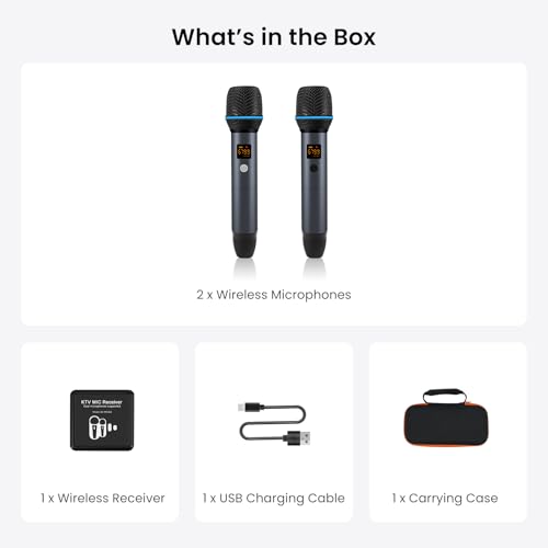 Wireless Microphone Kit, Dual Handheld Rechargeable Karaoke Mics with Receiver, Low Latency, 15m/49ft Range, 6H Duration, Compatible with V10 Series Car Stereo for Singing Party