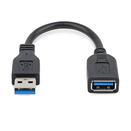 StarTech.com 6in Short USB 3.0 (5Gbps) Extension Adapter Cable (USB-A Male to USB-A Female) - USB 3.2 Gen1 Port Saver Cable - Black (USB3EXT6INBK) | Male to Female port saver, Short, 3.2 Gen1, Braided shielding, Aluminum-mylar foil, Molded strain relief,