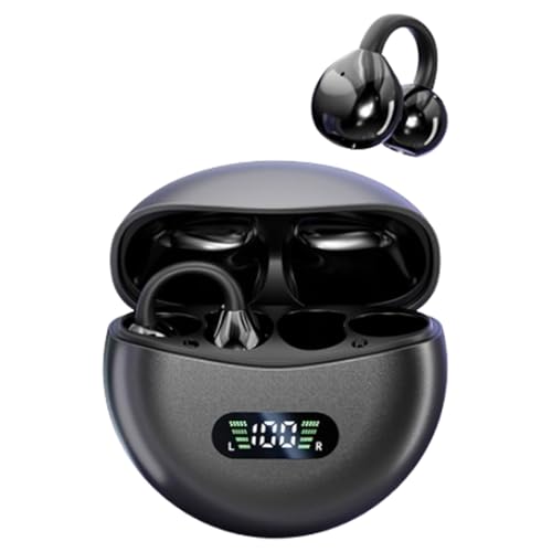 Open Ear Clip Headphones Wireless Earbuds Bluetooth 5.4 Sports Earphones Wireless Charging Case & LED Power Display Waterproof Fitness Headphones for Running (Black) - color: Black