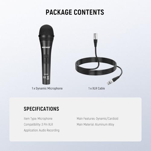 NEEWER NW-040 Cardioid Dynamic Microphone with XLR Cable, Rigid Metal Housing, Unidirectional Pickup Mic for Musical Instruments Voice Public Speech Podcast Singing PC Gaming Streaming Studio, Black