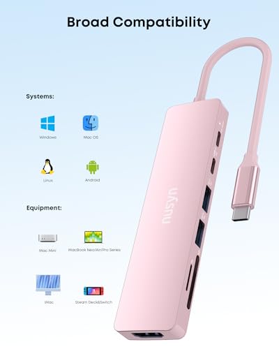 7-in-1 USB C Hub with 4K@60Hz HDMI, 2 USB-A, 1 USB-C, 100W PD Charging, SD 3.0 /TF 3.0 Card Reader, Compatible with MacBook Pro/Air/Neo, iPad Pro, iMac, iPhone 15-17 (Blush) - color: Blush