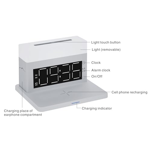 IHAO 6in1 Smart Alarm Clock with Wireless Charger RGB Mood Light 15W Fast Wireless Charging for All Qi Phone TWS Headphone Compliant with i-Watch 7 Color Night Light Large Digital Display-White - color: Multifunctional Alarm Clock White