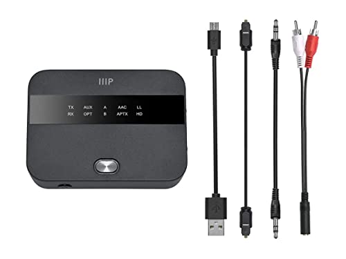 Monoprice Bluetooth 5 Long Range Transmitter and Receiver - with AptX HD and AptX Low Latency, SBC, AAC, Up to 32 Feet (10 Meters) Toslink/Optical, 3.5mm Aux, Up to 25 Hours of Audio Playback