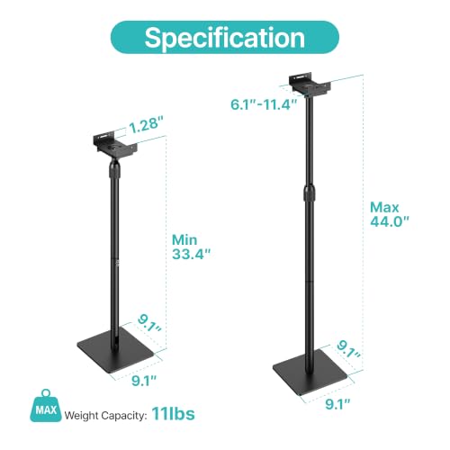 Height-Adjustable Speaker Stands Pair, Black | Height Adjustable from 33.4" to 44", 11LBS Capacity, Surround Sound Speaker Stands, Cable Management, 1 Pair