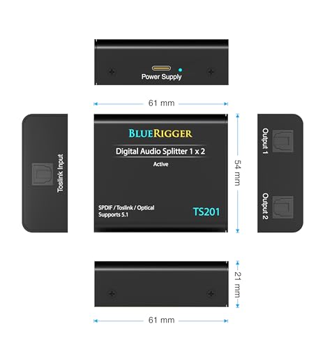 BlueRigger Digital Optical Audio Splitter (1x2 Active Toslink Splitter) - size: 1x2, style: Active