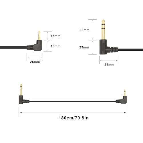 90 Degree 1/8 to 1/4 Stereo Audio Cable, Right Angle 3.5mm TRS Male to 6.35mm TRS Male Aux Cord for Guitar, Keyboard Piano, Laptop, Speaker and Amplifiers (70in), 5.9FT