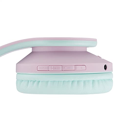 PowerLocus Kids Headphones Over-Ear, Bluetooth Wireless Headphones for Kids,with Microphone, Safe 85DB Volume Limited, Foldable with Carry Case, Audio Cable, Micro SD mode for Online Classes,PC,Phones - color: Pink/Teal