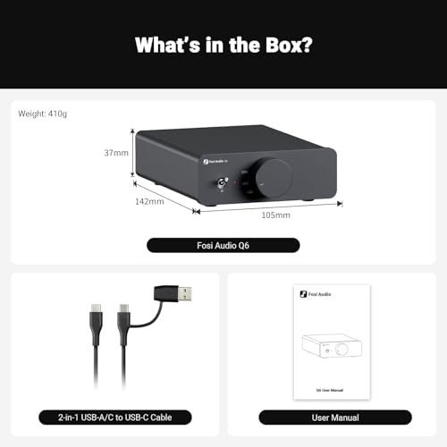 Fosi Audio Q6 Mini Desktop DAC, USB C Digital to Analog Audio Converter for Home Stereo Amplifier and Headphone Amp, Optical/Coaxial Input, RCA Output/Sub-Out, High-Resolution 32bit/768kHz DSD512