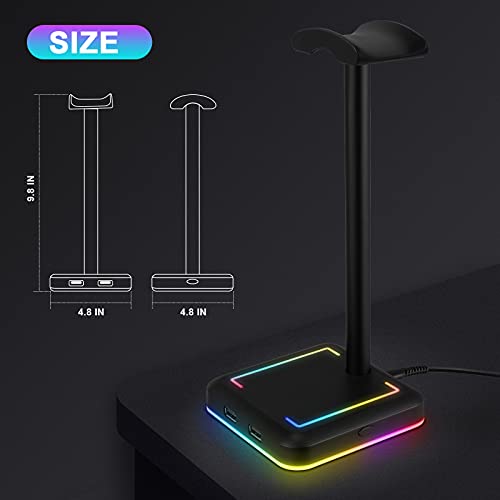 Headphone Stand, RGB Gaming Headset Holder with 2 USB Charger Ports & 10 Lighting Modes for Desktop PC Game Earphone Accessories