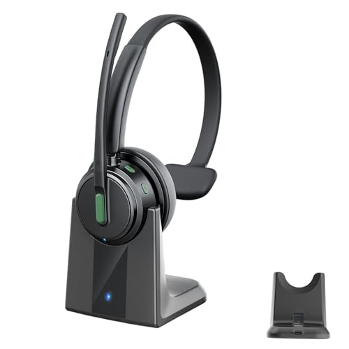 Angteela Bluetooth Headset with Noise Cancelling Microphone, Wireless Headset with Charging Base & USB Dongle, One-Key Mute, ENC Mic, 80H Playtime for Home Office, Call Center & Trucker, Dark Green
