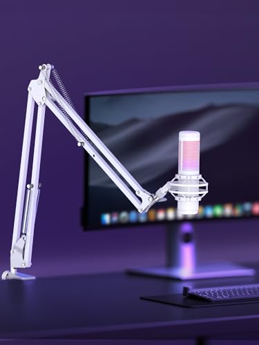 InnoGear Boom Arm 마이크 스탠드 Blue Yeti Fifine HyperX용, 화이트 | 책상 마운트, 데스크탑 스탠드, 조절 가능한 범위, 완전히 회전, 컴팩트하게 접힘, 게임, 스트리밍 또는 녹화용 - color: 화이트., style: 표준 마이크 암