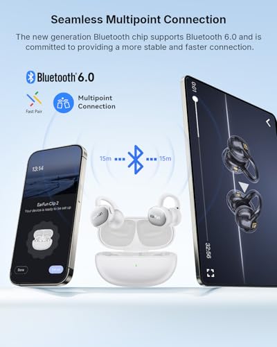 EarFun Clip 2 Open Ear Earbuds, Clip On Headphones, LDAC, Hi-Res Audio, 12mm Titanium Driver, 4 Mics AI Clear Call, AI Translation Earbuds, Secure Fit, 40H Playtime, Bluetooth 6.0 for Running, White - color: White