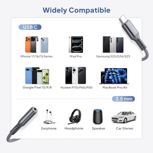 Elebase for iPhone 18 17 Pro Headphone Adapter 0.6FT,USB C Aux Audio Jack - size: USB C to 3.5mm, style: Grey
