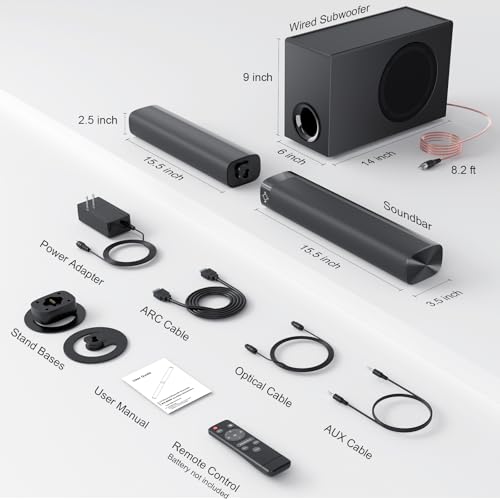Sound Bar with Subwoofer, 110W Sound Bar with Adjustable Deep Bass & 3 EQ Modes, Bluetooth/ARC/Opt/AUX Connect, Sound Bar for Smart TV - size: 31" Soundbar + Subwoofer