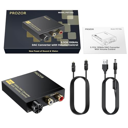 PROZOR DAC Converter 192Khz Digital to Analog Audio Support 5.1CH DTS | Dolly-AC3 Decoder with Volume Control Coaxial SPDIF Toslink Optical to RCA Adapter for HDTV DVD PS3 Home Cinema System