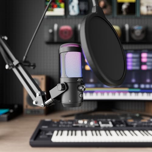 JARO USB Podcast Microphone with Boom Arm, Studio Condenser Mic with Real-Time Monitoring, Mute, Volume Control Ideal for Voice & Singing (Black) - color: Black