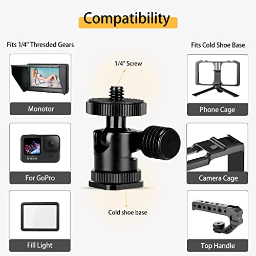 koolehaoda 1/4 Mini BallHead & Hot Shoe Mount Adapter for Camera Video Light Tripod Monopod (1/4 Ball Head) | 360° Swivel Ball Head for Video Light Tripod Monopod, Lightweight Aluminum, Cold Shoe Compatible, Compact Design - size: 1/4 Ball head