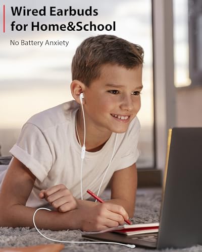 iMangoo Right Angle Wired Earbuds with Carrying Case and Mic for School