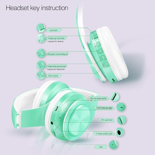 RAT TAIL V5.3 Bluetooth Headphones Over-Ear, Foldable Wireless and Wired Stereo Headset Micro SD/TF, FM for Cell Phone,PC,Soft Earmuffs &Light Weight for Prolonged Wearing (Green) - color: Green