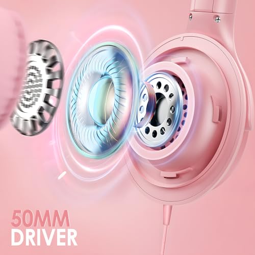 USB C Over Ear Headphones Wired with Mic Volume Control, Pink - color: Coral Pink