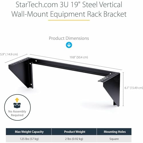 StarTech 3U Vertical Wall-Mount Rack Bracket, 19in, 150lb, TAA (RK319WALLV) | Open-frame L-shaped rack bracket for data, AV, IT and computer equipment, EIA-310, Any depth, 68kg - size: 3U