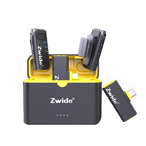 Zwide Wireless Lavalier Microphone with Charging Case M3-CL(2to2)+C3, Compact Mini Lapel Mics with Magnetic Clip, Plug and Play, USB-C and Lightning Port, Compatible with Android & Apple iPhone Device