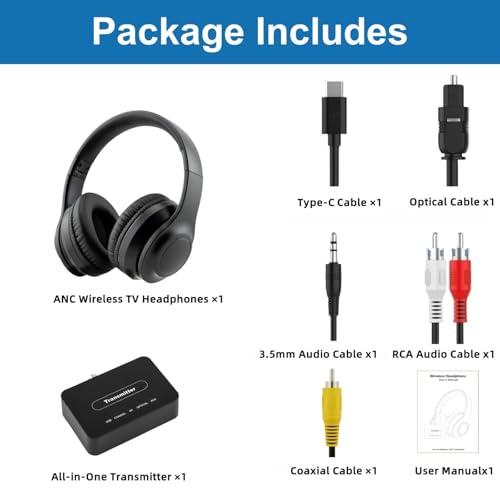 Wireless ANC TV Headphones for Seniors - Active Noise Cancelling, Foldable Bluetooth 5.3 Over-Ear TV Headset with 5-in-1 Transmitter (Optical/Coaxial/USB/RCA/AUX), Hi-Fi Sound, 35H Playtime