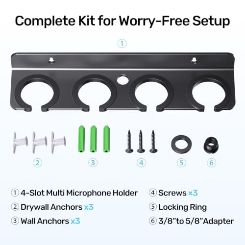 Multi Mic Holder for Stand, Wall Mount for 4 Handheld Wired/Wireless Mics | With Rubber Padding Protection, Fits 5/8"-27 & 3/8"-16 Thread Stand, Holds Up to 4 Dynamic Mics, Sturdy Mic Storage Organizer - size: Mic Holder UP to 4 (1 Set) - Black