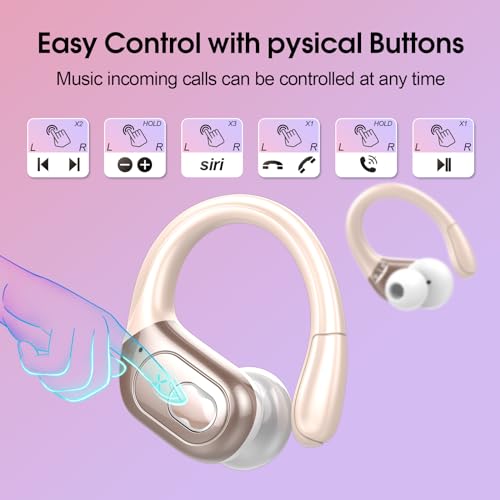 Aptkdoe 2 Sets Wireless Earbuds Sport, Bluetooth 5.4 Over Ear Buds Stereo Deep Bass Over Ear Bud with Earhooks, 75H Wireless Earphones with Mic, IPX7 Waterproof Earphone for Sports Rose Gold+White