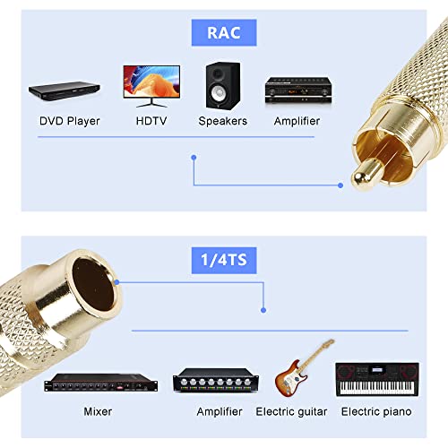 RCA to 1/4 Inch Adapter, Gold Plated RCA Male Plug to 6.35mm 1/4 Inch TS Female Audio Converter for Amplifiers, Speaker and More(2 Pack)