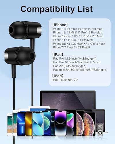 Wired Earbuds Lightning Connector for iPhone 14/13, in-Ear Wired Headphones | Lightning Earbuds Wired with Mic & Volume Control, Hi-Fi Stereo Apple Lightning Wired Earphones Headphones Cord for iPad iPod